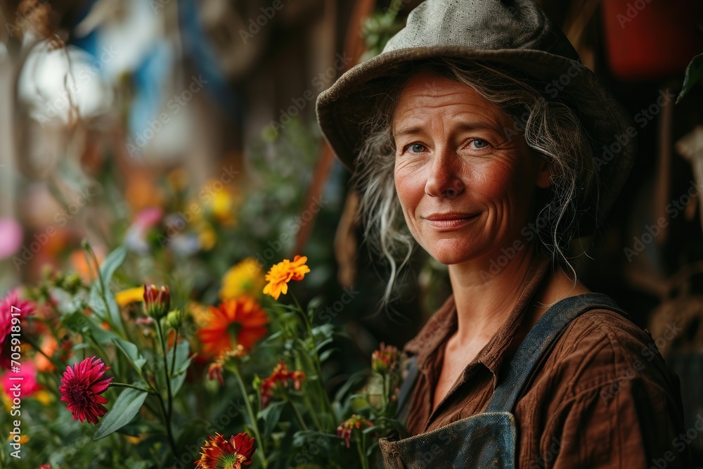 A portrait of a senior female gardener tending to plants on the farm