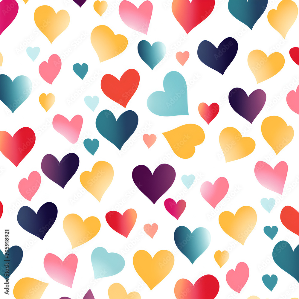 Seamless pattern with colourful hearts on white background