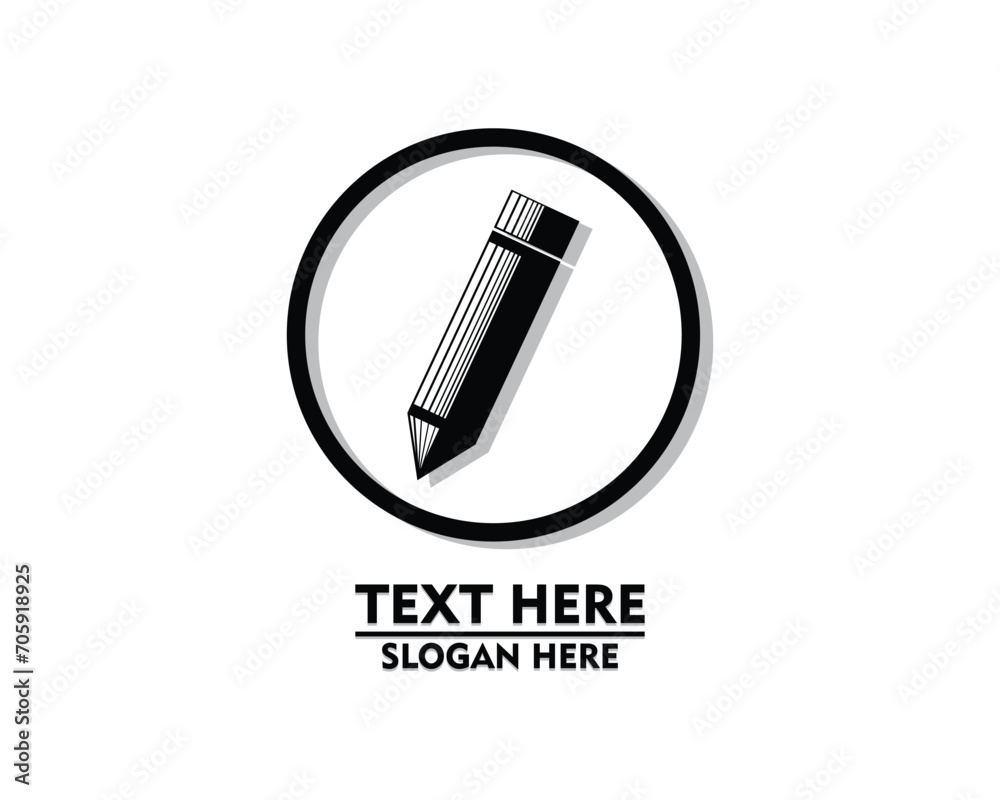 vector design, an illustration of a stationery symbol or logo that looks like a black and white pencil inside a circle with the words TEXT HERE and SLOGAN HERE vector design, an illustration of a stationery symbol or logo that looks like a black and white pencil inside a circle with the words TEXT HERE and SLOGAN HERE