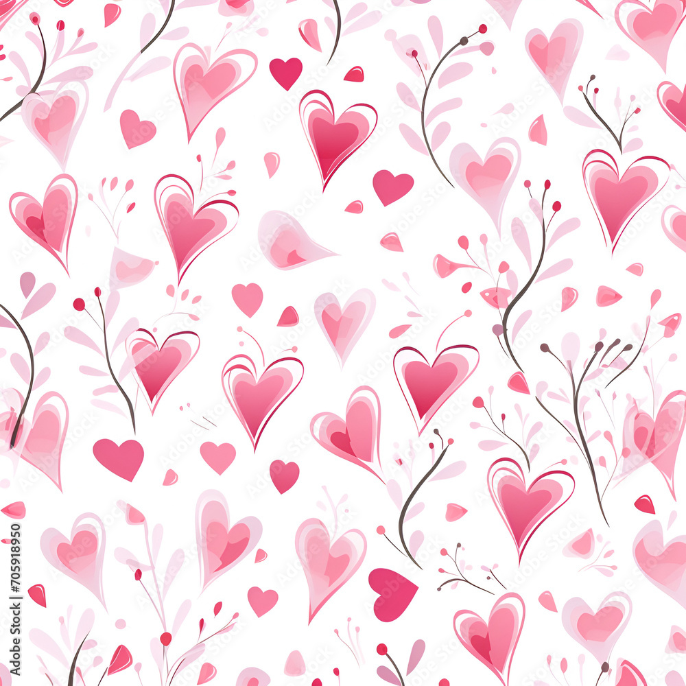 Seamless pattern with pink watercolor hearts on white background