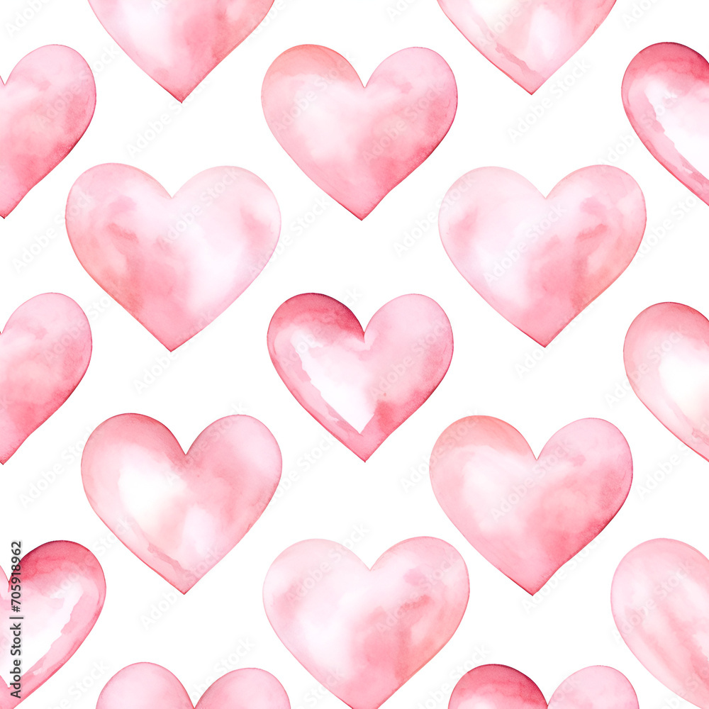 Seamless pattern with pink watercolor hearts on white background