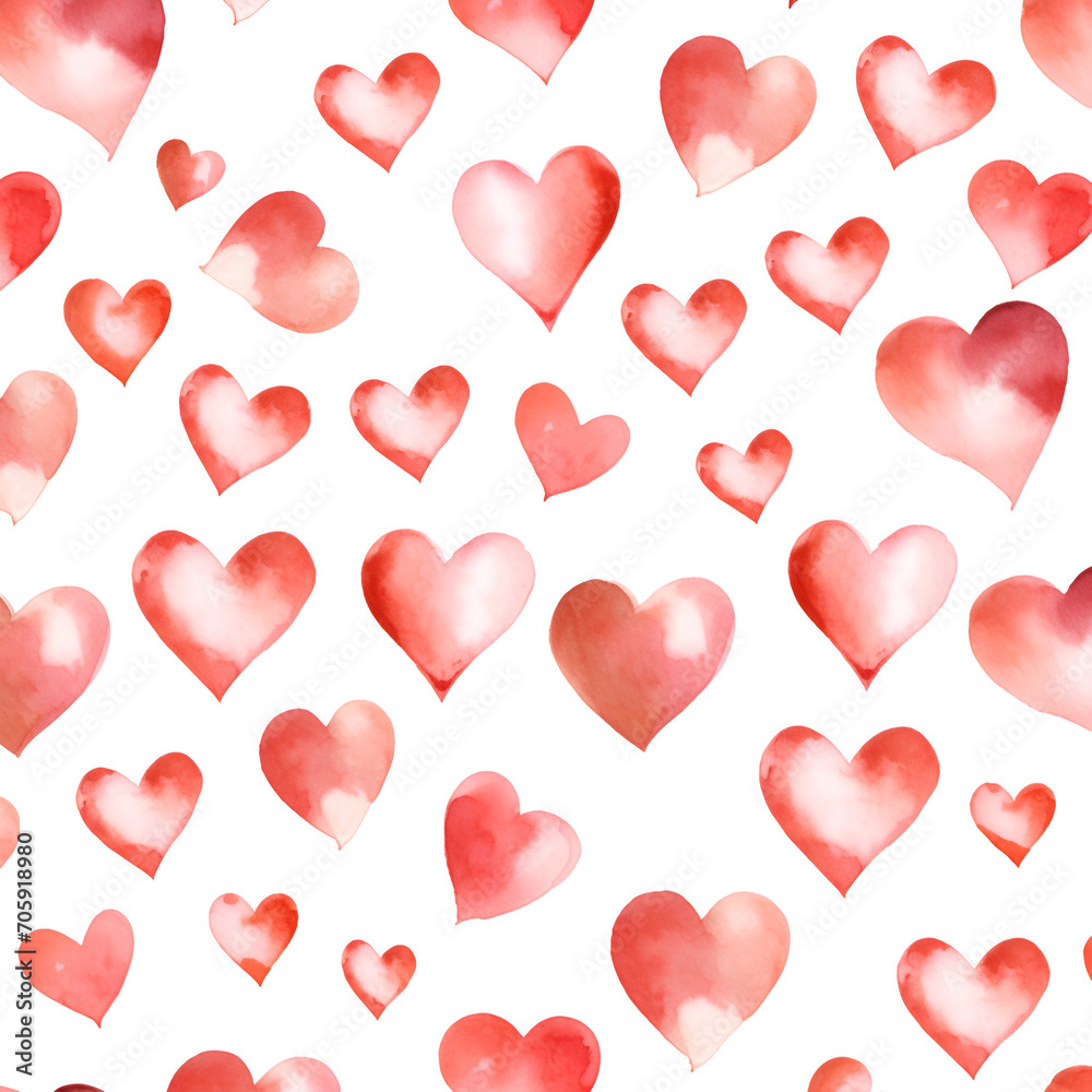 Seamless pattern with red watercolor hearts on white background