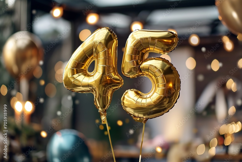 45. Geburtstag, "45" aus goldenen Heliumballons, festlicher Hintergrund - obrazy, fototapety, plakaty 
