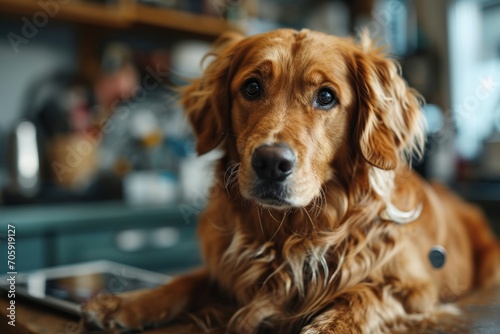 At a contemporary vet clinic, a Golden Retriever standing on the examination table