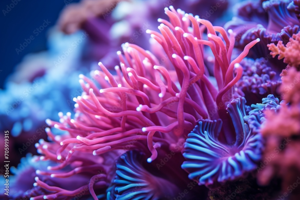 Colorful coral reefs close up, exotic sea life and merfolk in a tropical undersea world.
