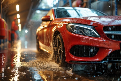 Red luxury car close-up in a high-pressure washer © yuliachupina