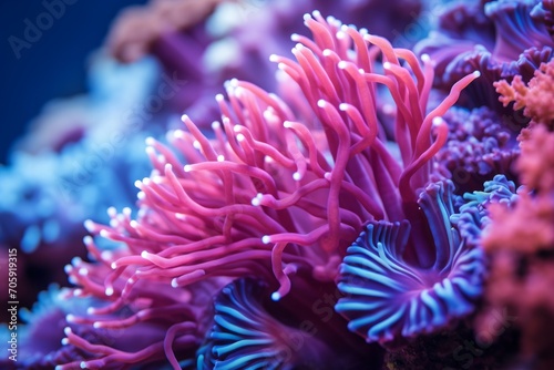 Colorful coral reefs close up, exotic sea life and merfolk in a tropical undersea world. © okfoto