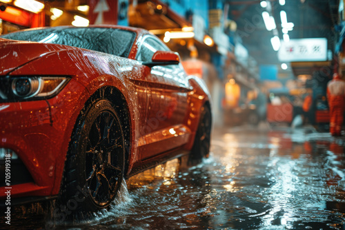 Red luxury car close-up in a high-pressure washer © yuliachupina