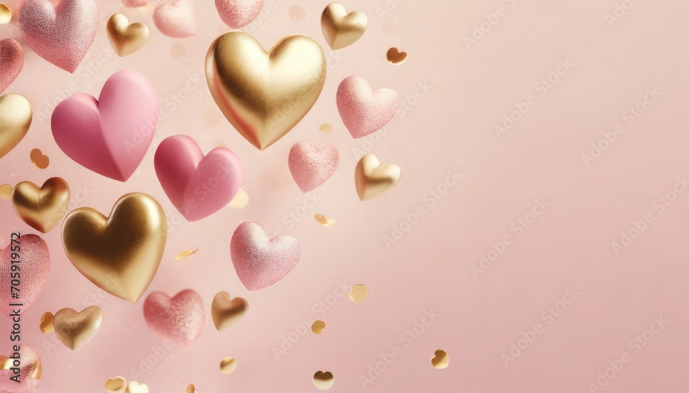 Floating Pink and Gold Hearts on a Soft Pink Backdrop for Love Themed Events