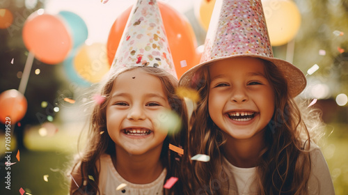two happy cheerful children in hats celebrating birthday.Generative AI