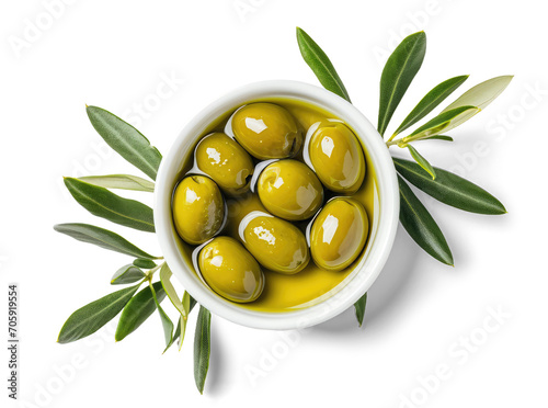 Green olives in olive oil with leaves isolated on white or transparent background, top view