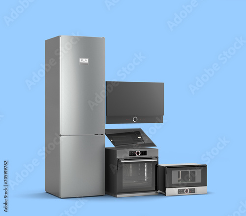 Modern built in kitchen appliances set 3d render on bue background