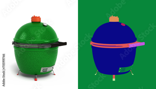 Small barbecue green color BBQ grill for outdoor prepare meat food 3d render on white with alpha