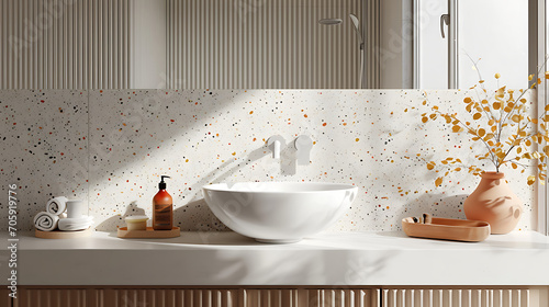 Terrazzo counter with white sink. Minimalist interior design of modern bathroom