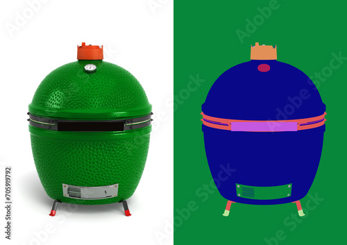 Small barbecue green color BBQ grill for outdoor prepare meat food front view 3d render on white with alpha