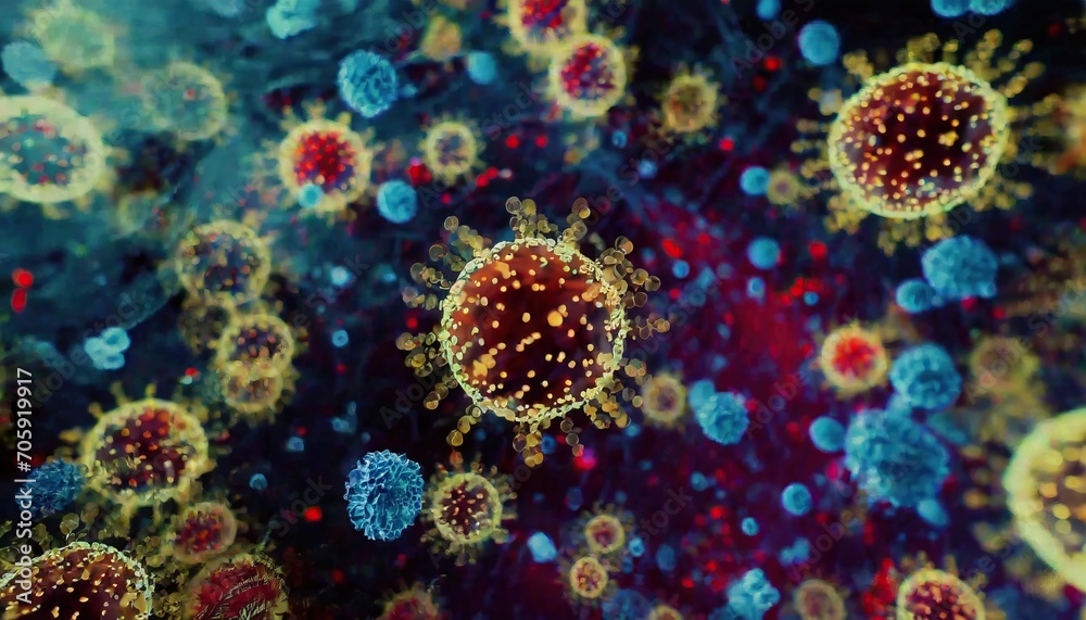 Pathogens and Viruses in Various Shapes and Colors, Microscopic View Pathogens and Viruses in Various Shapes and Colors, Microscopic View
