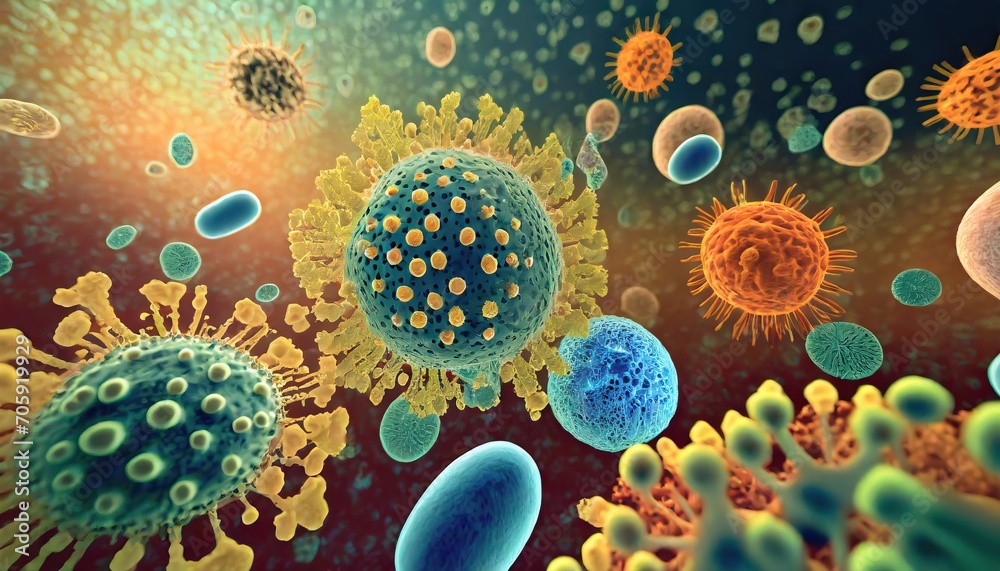 Pathogens and Viruses in Various Shapes and Colors, Microscopic View Pathogens and Viruses in Various Shapes and Colors, Microscopic View