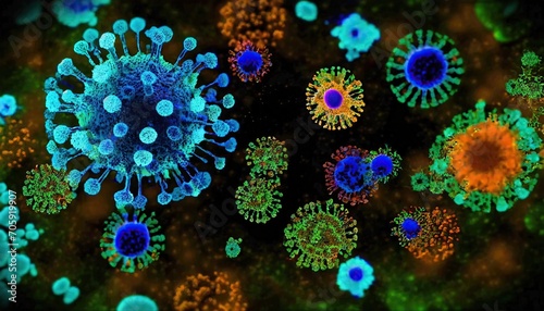 Pathogens and Viruses in Various Shapes and Colors, Microscopic View  © Marko