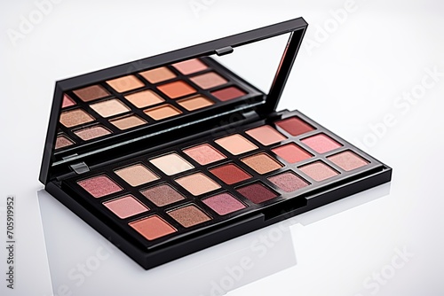 Makeup eyeshadow palette with mirror on white background. Cosmetic products