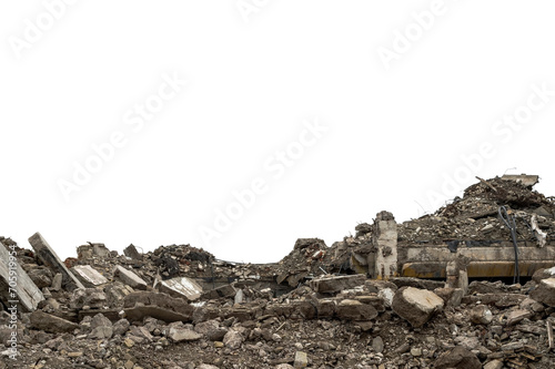 The remains of the destroyed building in the form of gray concrete fragments, bricks and blocks isolated on a white background © Roman