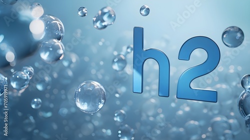 Dreidimensionaler Schriftzug 'H2' mit Blasen auf blauem Grund photo