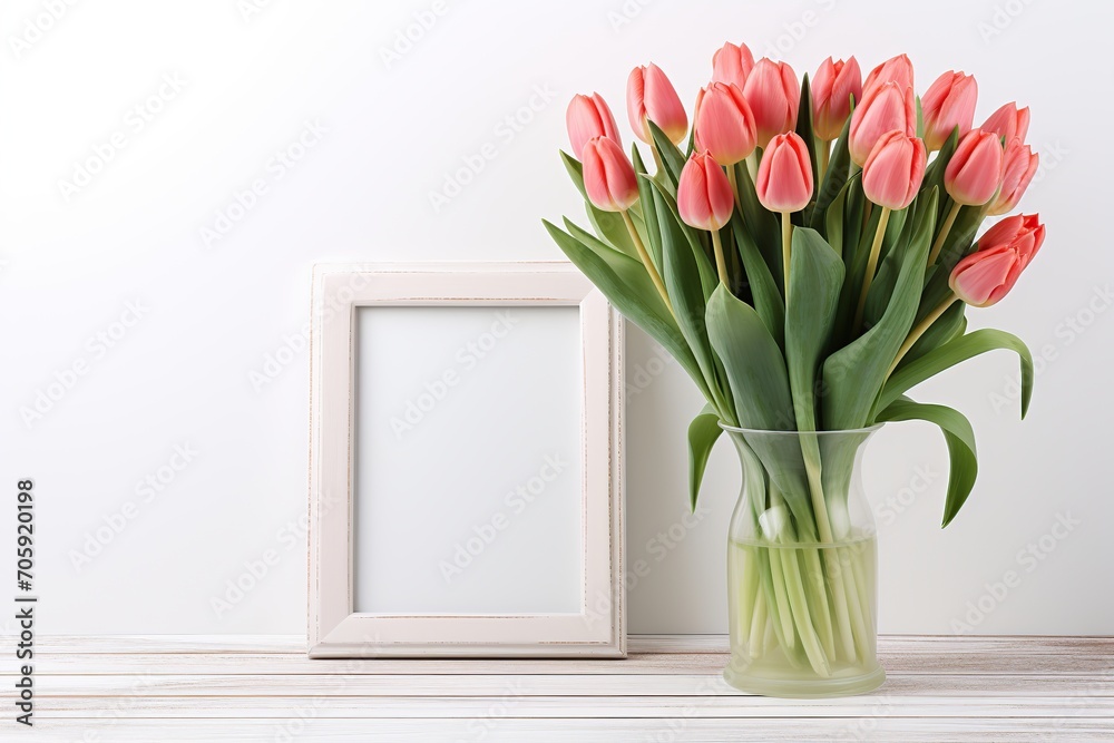 Blank photo frame with bouquet tulip flowers on wooden background Blank photo frame with bouquet tulip flowers on wooden background