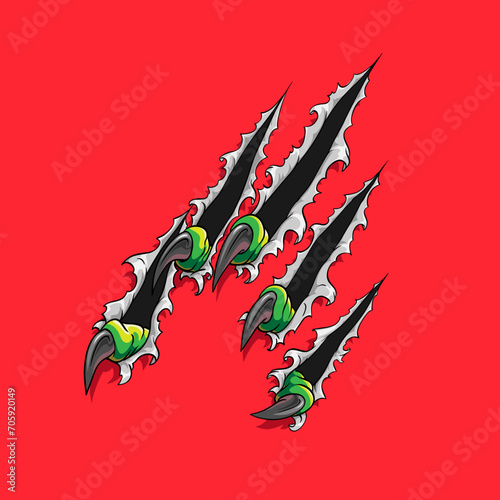 Claws dragon , dinosaur, monster tearing and scratching paper, metal, plastic backgrounds. Vector art illustration.