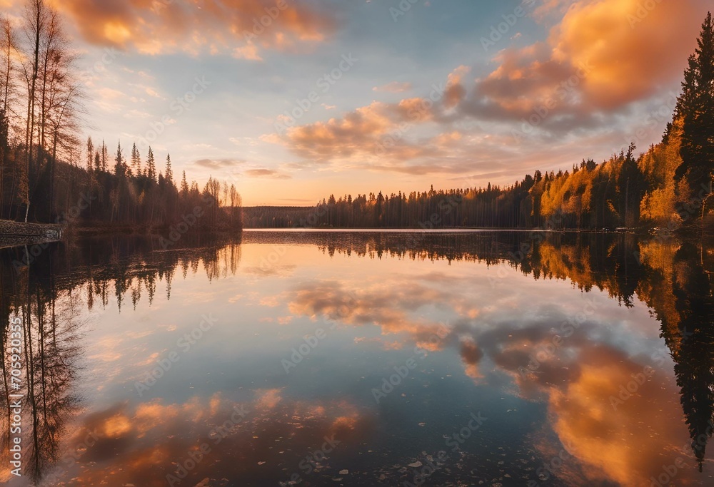 AI generated illustration of a tranquil lake lying in contrast to a beautiful sky AI generated illustration of a tranquil lake lying in contrast to a beautiful sky