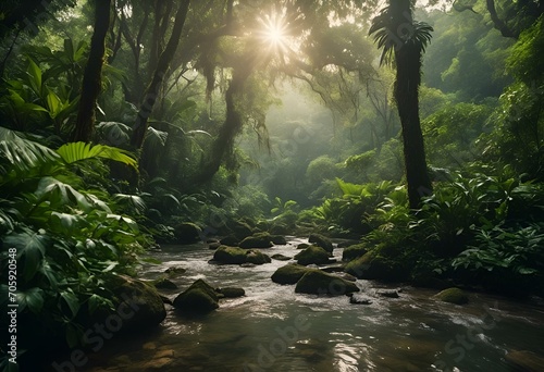 AI generated illustration of a picturesque scene featuring a sun-kissed jungle setting © Wirestock