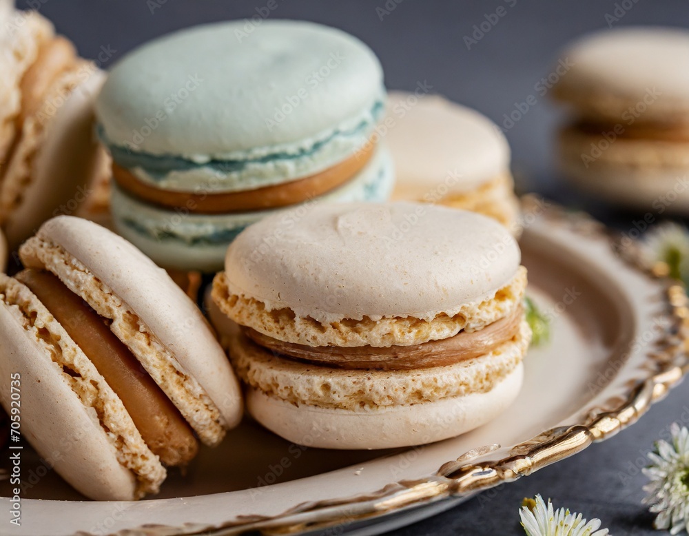 A detail of pastel macaroons on a gold and white platter and grey countertop.