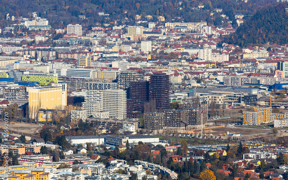 City view of Graz, Austria with the new Reininghaus residential district