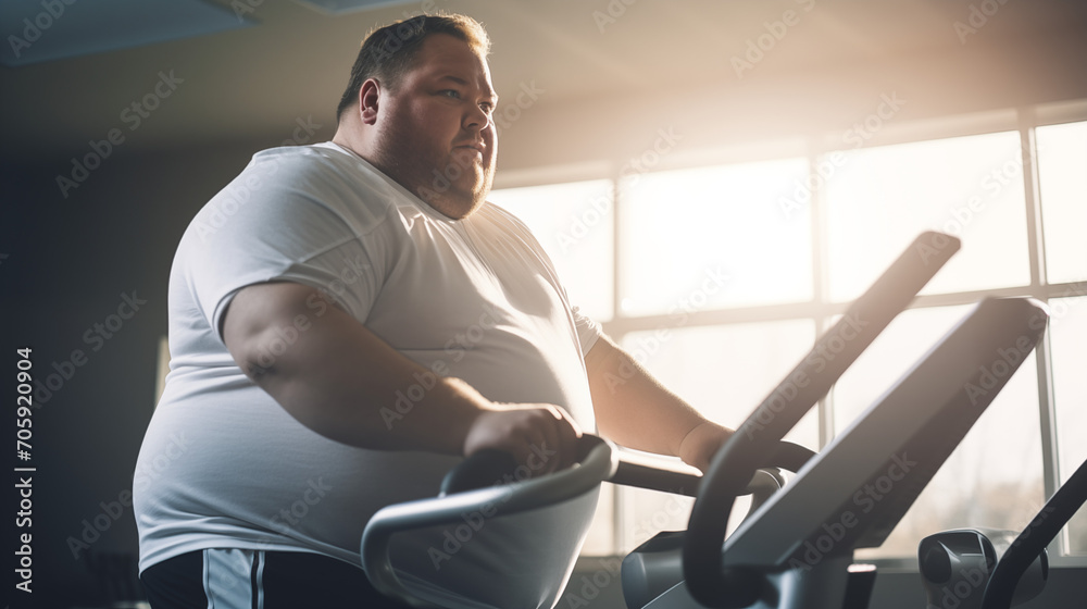 Overweight man improving fitness: Obese man training in the gym, running on treadmill. Physical transformation for a healthy lifestyle. Fitness motivation and improvement. Overweight man improving fitness: Obese man training in the gym, running on treadmill. Physical transformation for a healthy lifestyle. Fitness motivation and improvement.