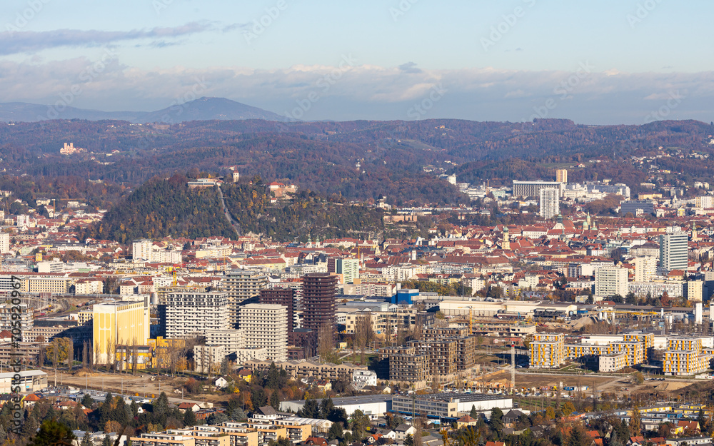 City view of Graz, Austria with the new Reininghaus residential district