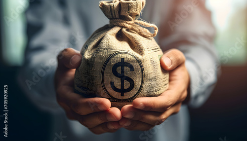 Businessman holding money bag with USD dollar sign for give dividend return profit from investment funding and stock market , Financial and accounting concept photo