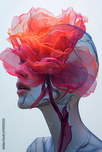Double exposure of woman head inside bloomy red flowers and petals, nature. © hutangach