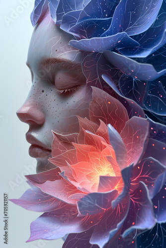 Double exposure of woman head inside flowers, paper cut.