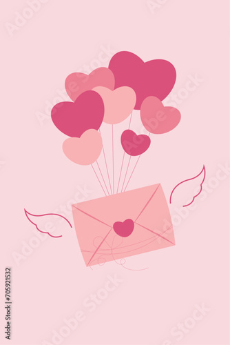 The romantic envelope with hearts. Love letter. Pink mail envelope with wings. Happy Valentine's Day greeting card.