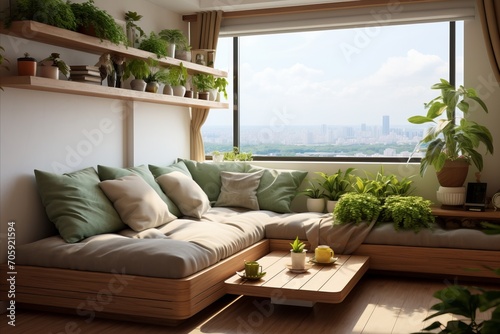 Eco friendly loft style living room with natural elements, wooden finishes, and lush greenery