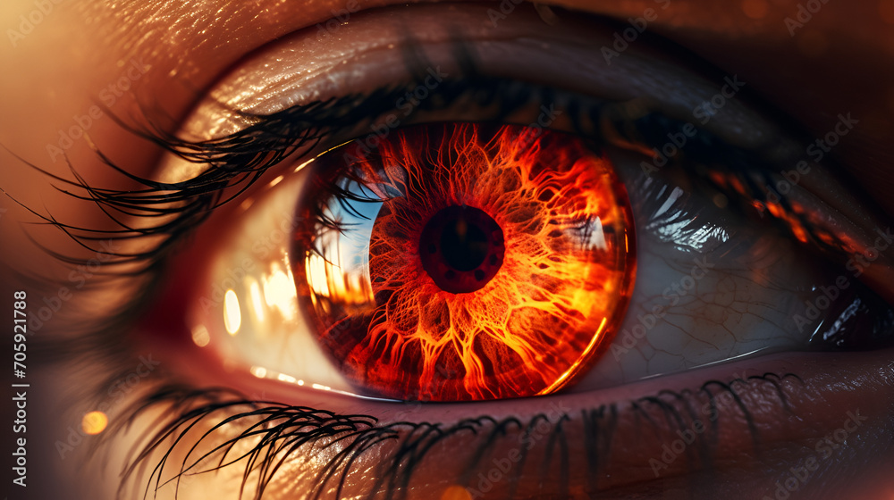 abstract, close-up of a female eye with a fiery, glowing iris. the flaming iris creates a dramatic, intense visual effect against a dark background,burning candle in the dark
