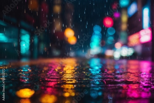 Background of colorful neon lights reflected in raindrops