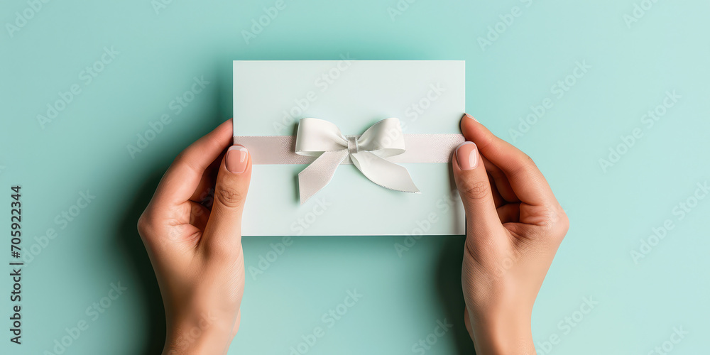 A woman's hands hold a craft gift box with silk satin ribbon bow. Isolated on pastel green background, with copy space, template for sale, promotion and gift banner. A woman's hands hold a craft gift box with silk satin ribbon bow. Isolated on pastel green background, with copy space, template for sale, promotion and gift banner.