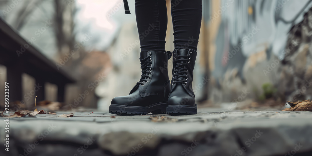 Female legs in black boots, in the street style, creative concept for the new fall collection of stylish women shoes.
Female legs in black boots, in the street style, creative concept for the new fall collection of stylish women shoes.