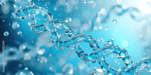 Closeup of the dna chain from pure water. Creative concept for moisturizing cosmetics, hyaluronic acid, intensive hydration wallpaper. 3d render illustration. 