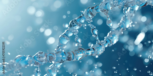 Fototapeta Naklejka Na Ścianę i Meble -  Closeup of the dna chain from pure water. Creative concept for moisturizing cosmetics, hyaluronic acid, intensive hydration wallpaper. 3d render illustration.	
