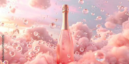 Pink champagne bottle with clean label for product design against pastel fluffy clouds and sky. Creative concept of pink sparkling wine. 3d render illustration.	
 photo