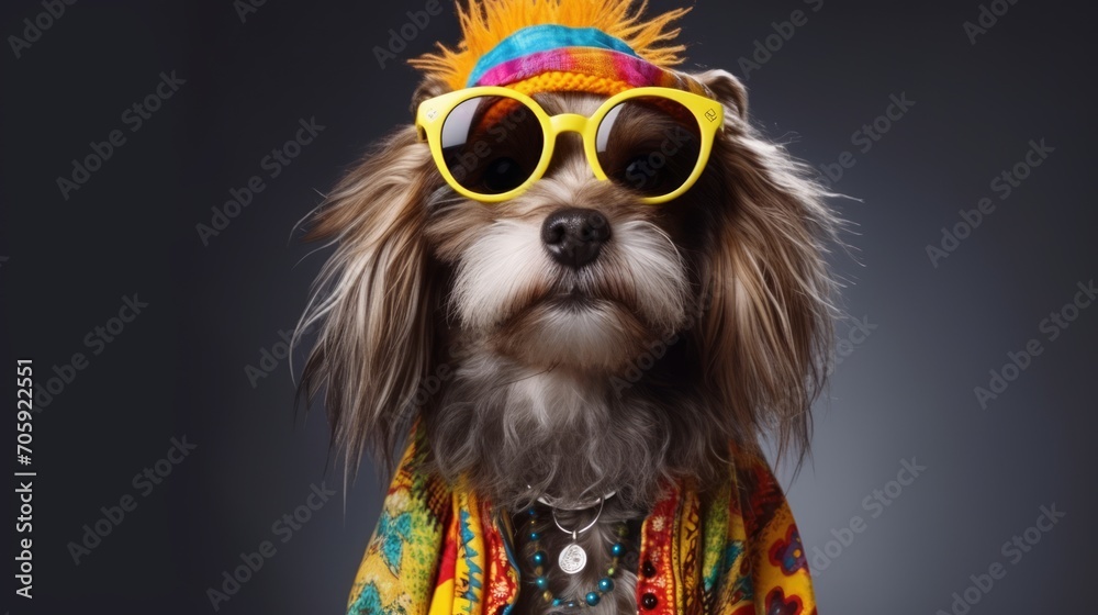 Studio shot of a little dog dressed as hippie with sunglasses.