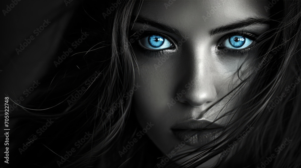 Monochrome Elegance: The Soulful Gaze of Sapphire Eyes. Generative AI Monochrome Elegance: The Soulful Gaze of Sapphire Eyes. Generative AI