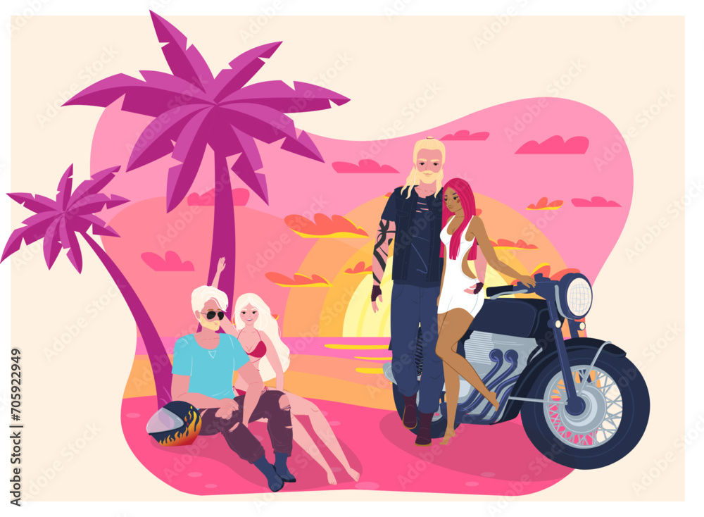 Two men and two women relaxing by a motorcycle on the beach at sunset. Biker friends enjoying summer vacation. Tropical getaway and friendship vector illustration.