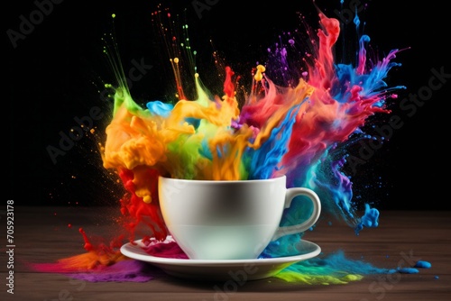 From the coffee cup emerges an explosion of vibrant colorful aerosol, creating a stunning visual contrast. powder paints.
