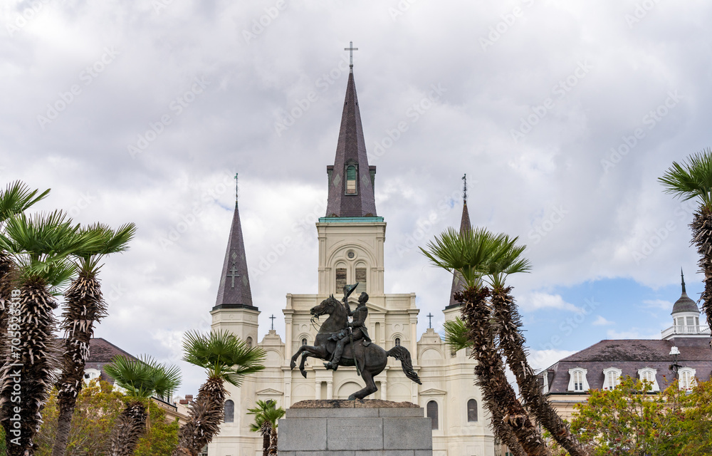 Facade of the Cathedral of St Louis, King of France with statue of Andrew Jackson in the French Quarter of New Orleans in Louisiana